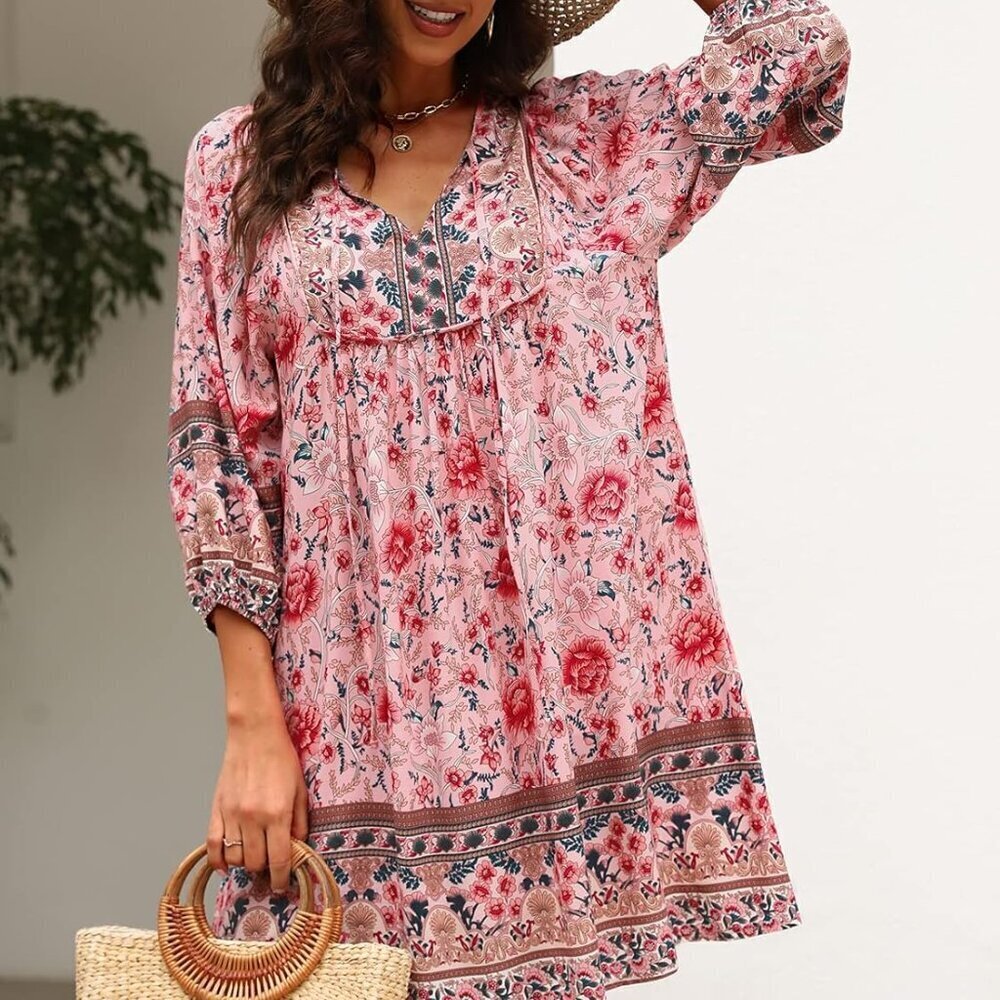 Womens Boho Summer Dress Rayon Floral Print V Neck 3/4 Sleeves Mini Beach Wear - Picture 5 of 5